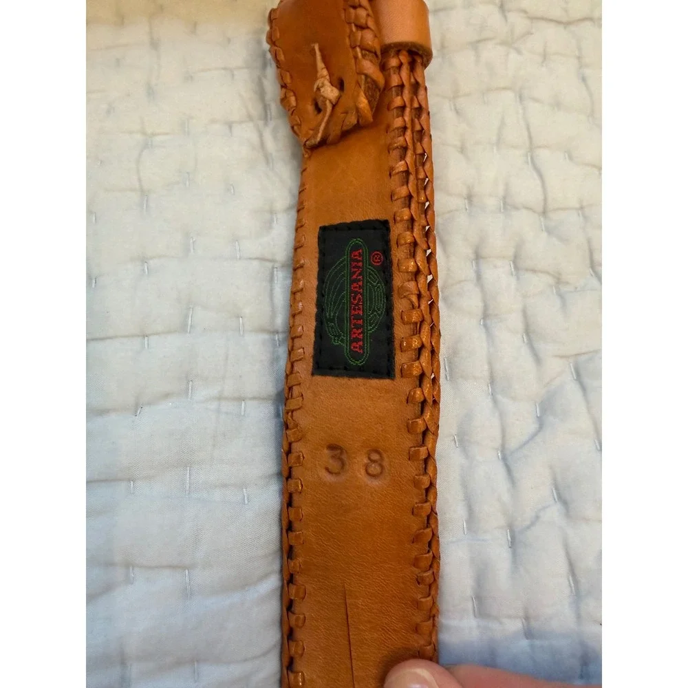 Artesania Leather Belt Woven Colorful Textile Whipstitch Boho Tan Size 38
